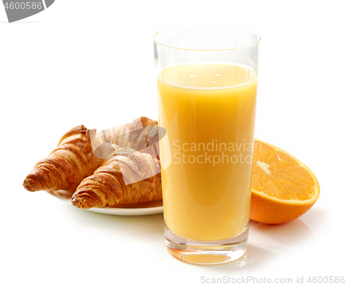 Image of glass of orange juice and croissants