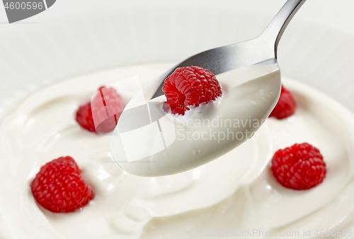 Image of spoon of greek yogurt with raspberry