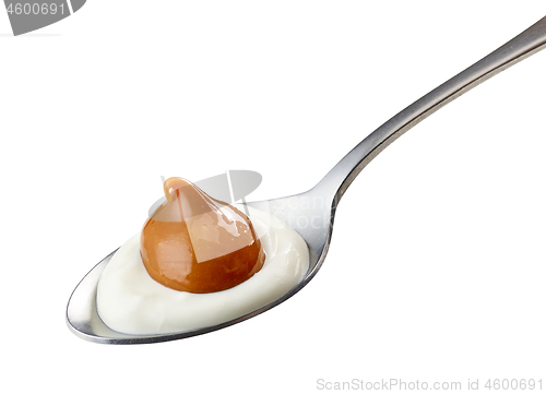 Image of spoon of yogurt and soft caramel