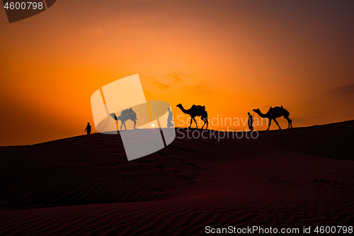 Image of Cameleers, camel Drivers at sunset. Thar desert on sunset Jaisal