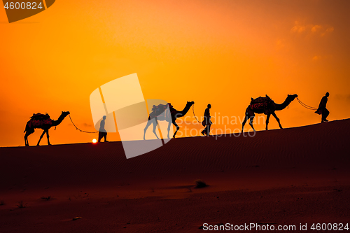 Image of Cameleers, camel Drivers at sunset. Thar desert on sunset Jaisal