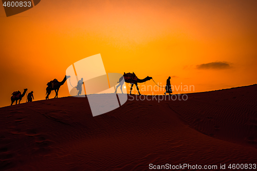 Image of Cameleers, camel Drivers at sunset. Thar desert on sunset Jaisal