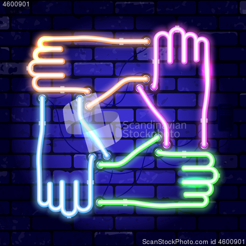 Image of Neon Signboard Teamwork or Hands Friends