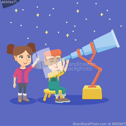 Image of Caucasian boy looking at stars through a telescope