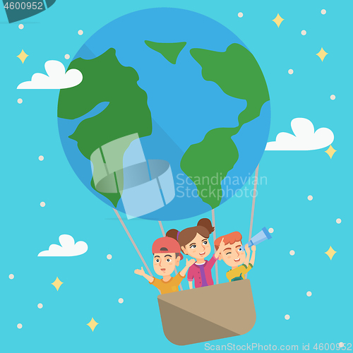 Image of Cheerful caucasian kids riding a hot air balloon.