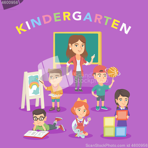 Image of Group of children with teacher in the kindergarten