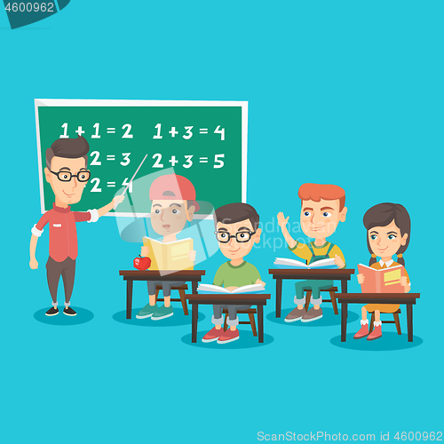 Image of Young teacher explaining to children mathematics.