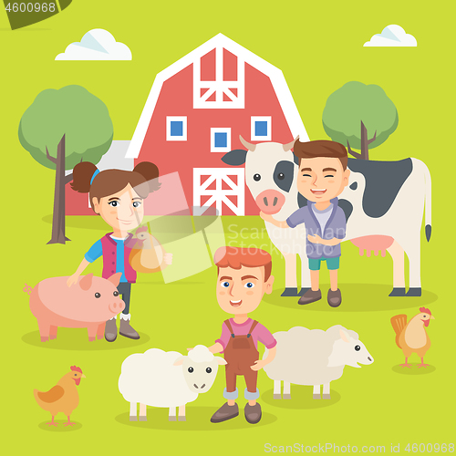 Image of Caucasian children playing with farm animals.