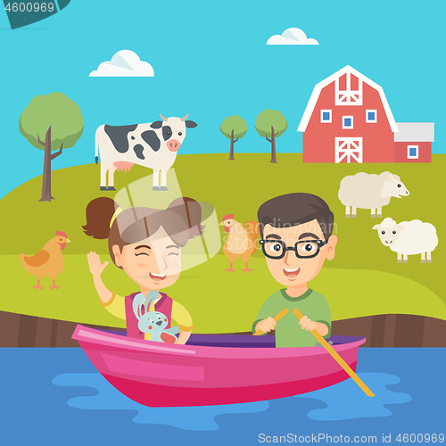 Image of Happy caucasian boy and girl traveling by boat.