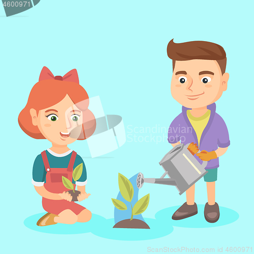 Image of Caucasian boy and girl planting a sprout.