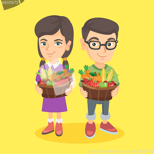 Image of Kids holding basket with fruit and vegetables.