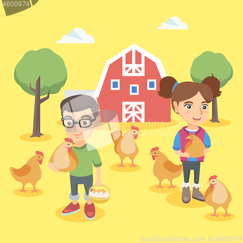 Image of Caucasian boy and girl holding chickens and eggs.