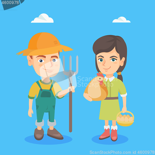 Image of Caucasian boy and girl with chicken and rake.