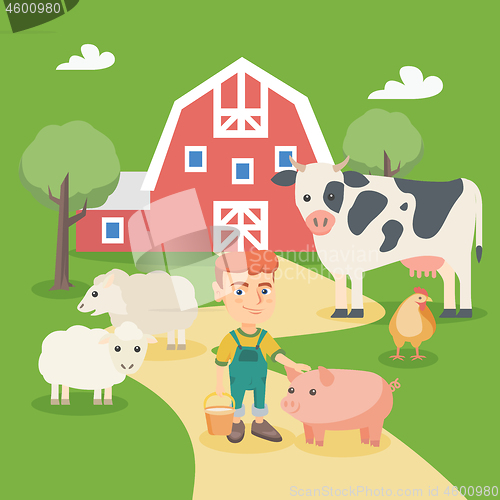 Image of Little caucasian boy with farm animals.