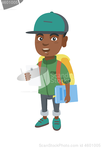 Image of African schoolboy holding cellphone and textbook