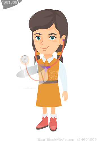 Image of Caucasian girl in doctor coat holding stethoscope.