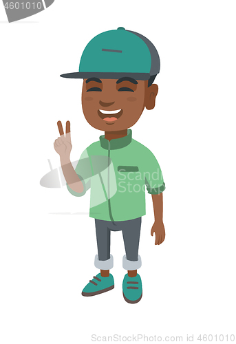 Image of African little boy showing victory gesture.