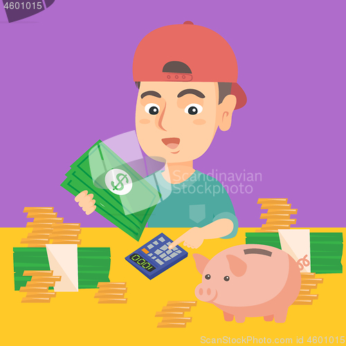 Image of Little caucasian boy counting money.