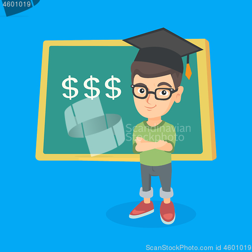 Image of Boy standing in front of board with dollar signs.