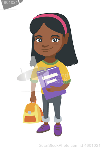 Image of African-american pupil with backpack and textbook.