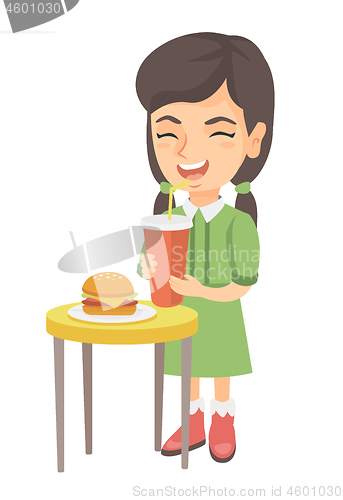 Image of Little girl drinking soda and eating cheeseburger.