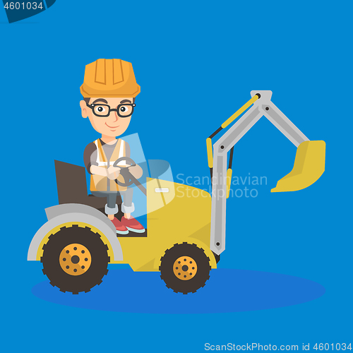 Image of little caucasian builder kid driving an excavator.