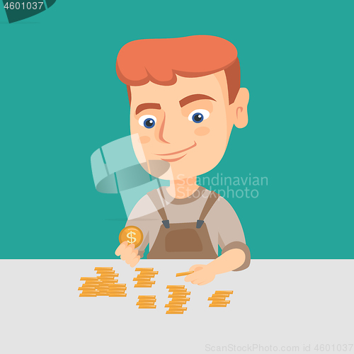 Image of Caucasian boy counting coins on the table.