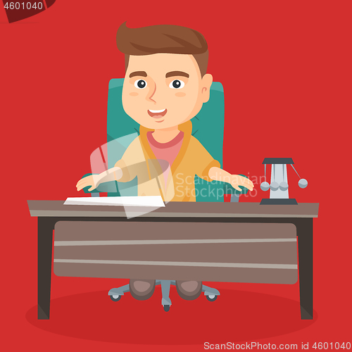 Image of Caucasian boy playing the role of office worker.