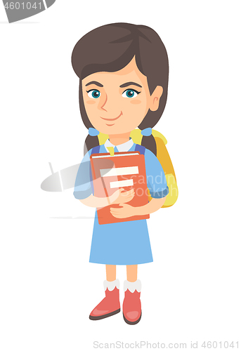 Image of Caucasian schoolgirl with backpack and textbook.