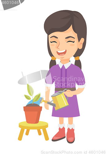 Image of Caucasian girl watering plant with a watering can.