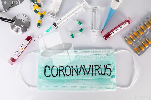 Image of Blood test tube with the Coronavirus disease for virus test and 