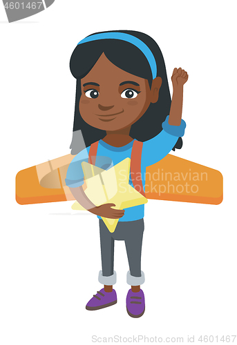 Image of African girl with airplane wings behind her back.