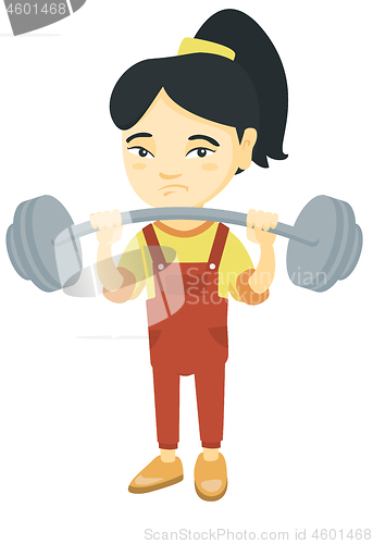 Image of Upset asian girl lifting heavy weight barbell.