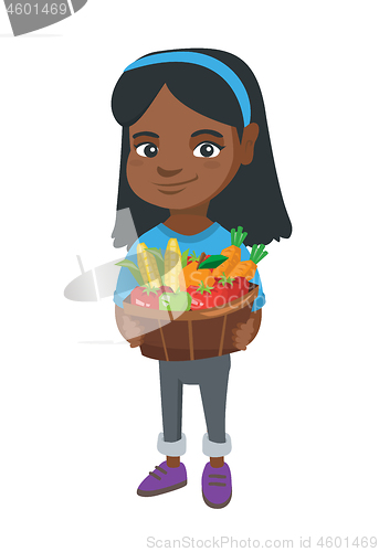Image of Girl holding basket with fruit and vegetables.