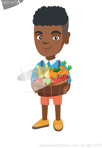 Image of Boy holding basket with fruit and vegetables.