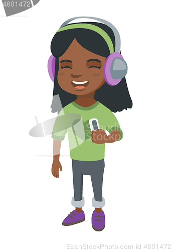 Image of African girl listening to music in headphones.