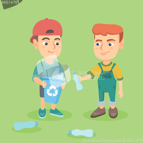 Image of Boys collecting plastic bottles for recycling.