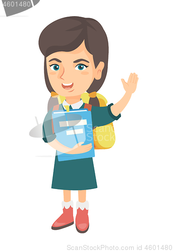 Image of Schoolgirl holding a book and waving her hand.