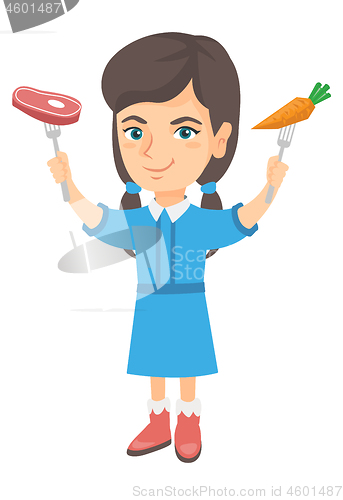 Image of Caucasian girl holding fresh carrot and steak.