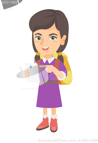 Image of Caucasian girl with backpack pointing at cellphone