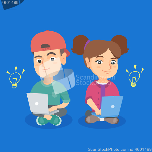 Image of Boy and girl working on laptops with idea bulbs.