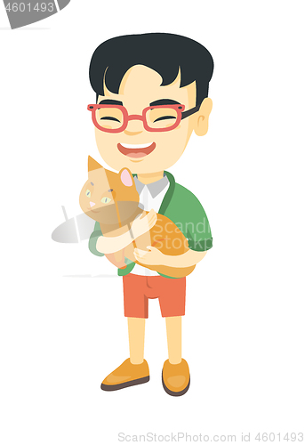 Image of Asian happy boy  holding a cat.
