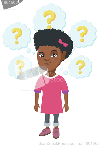 Image of Thinking african-american girl with question marks