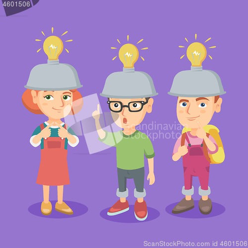 Image of Group of caucasian children with idea light bulbs.