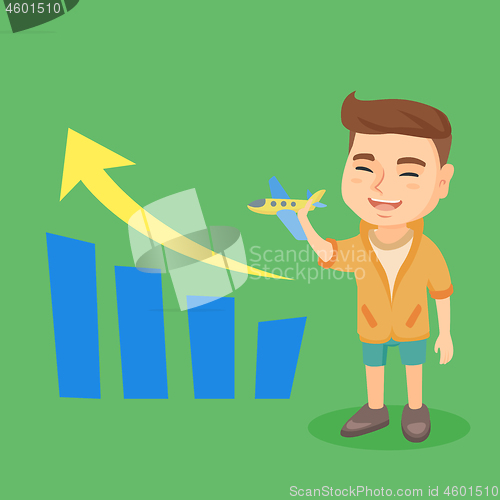 Image of Kid with airplane and business growth bar chart.