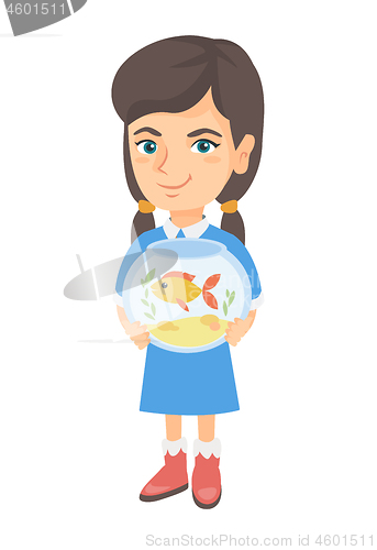 Image of Caucasian girl holding aquarium with goldfish.