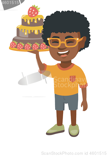 Image of Little african boy holding a chocolate cake.