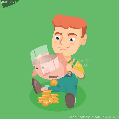 Image of Caucasian boy shaking money out of a piggy bank.