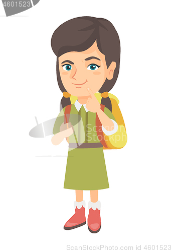 Image of Caucasian little girl with school bag thinking.