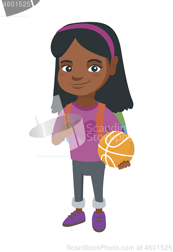 Image of Schoolgirl with backpack holding a basketball.